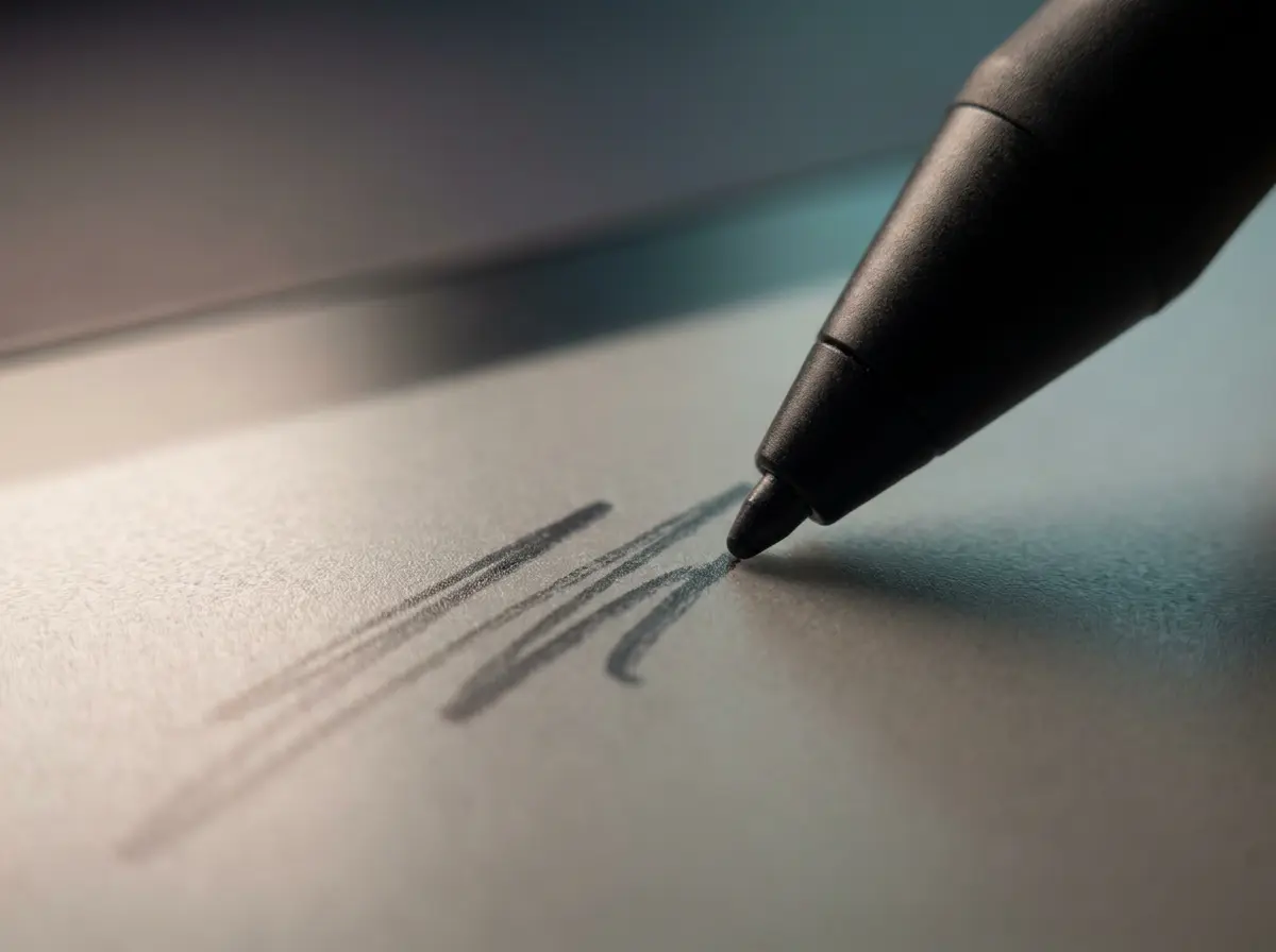 Pen nib on a matte e-ink screen, illustrating writing latency