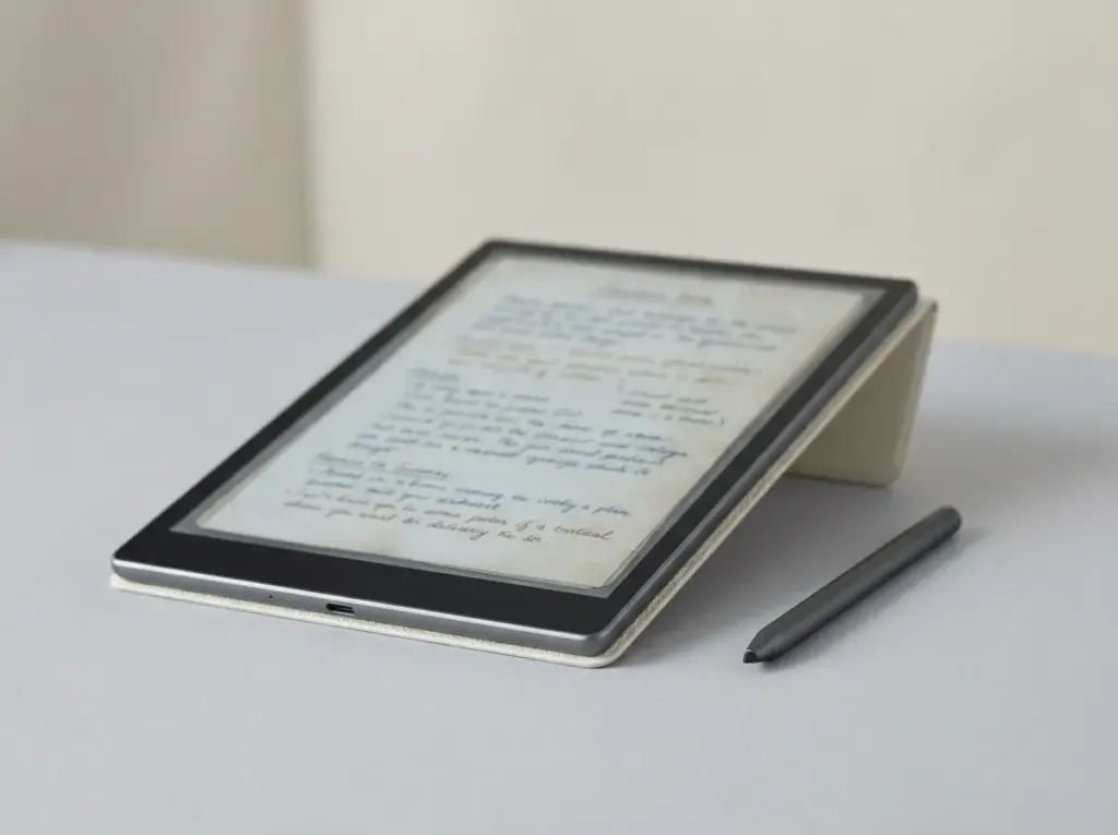 The Boox Note Air 5C upright on a desk showing a color handwriting page with a stylus beside it