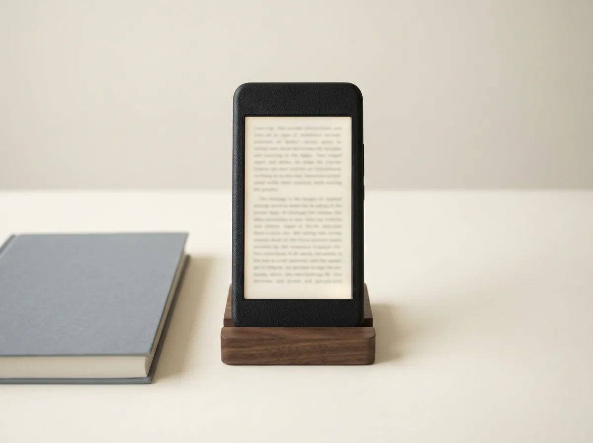 The Boox Palma 2 in a small stand showing a page of text beside a book