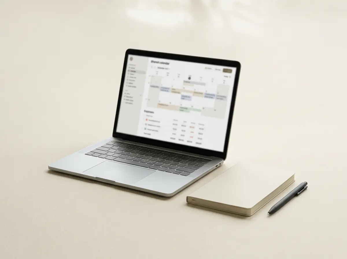 A shared co-parenting calendar and expense tracker on a laptop