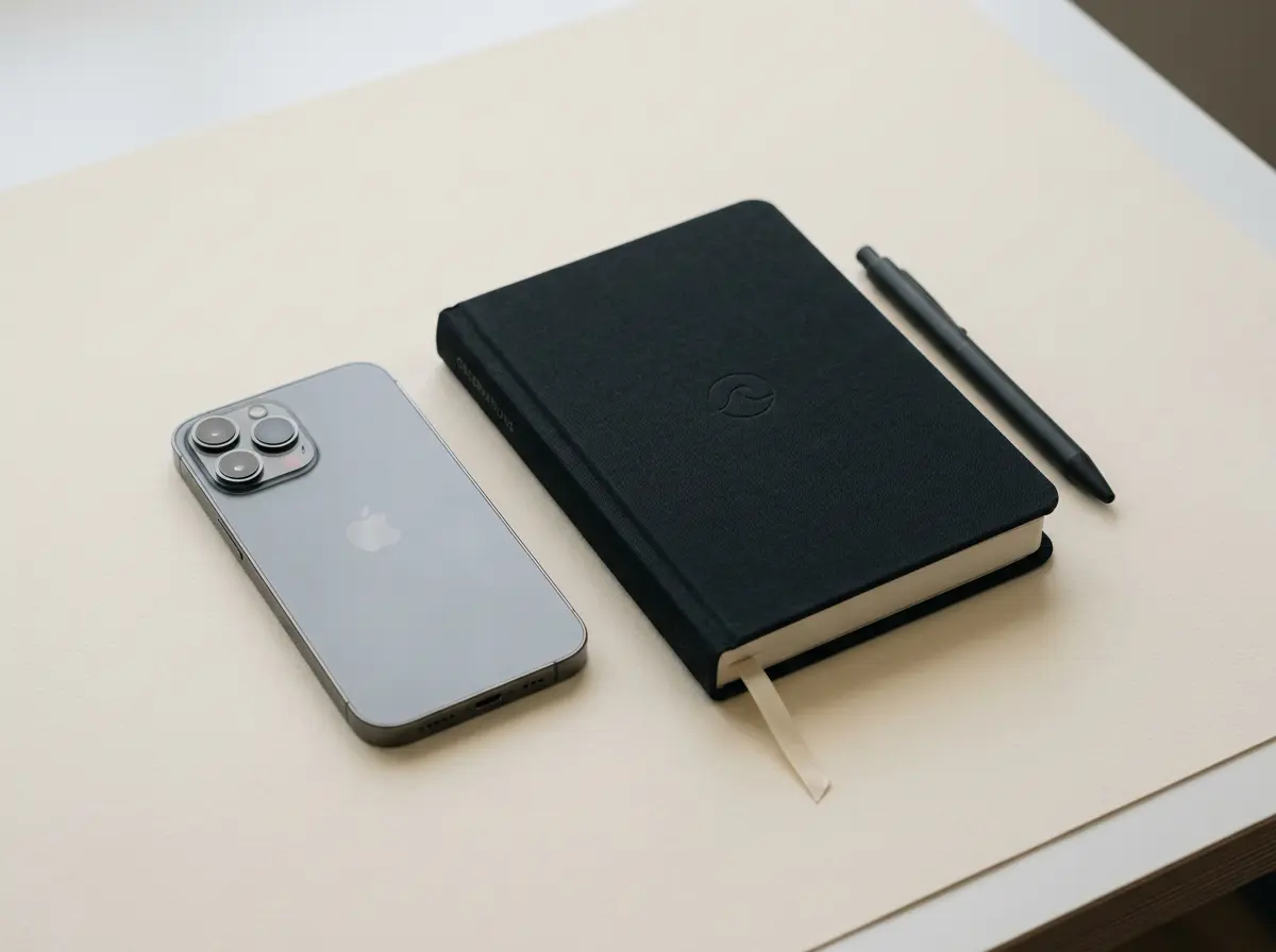A phone screen-down beside a notebook, suggesting written, low-engagement co-parenting communication