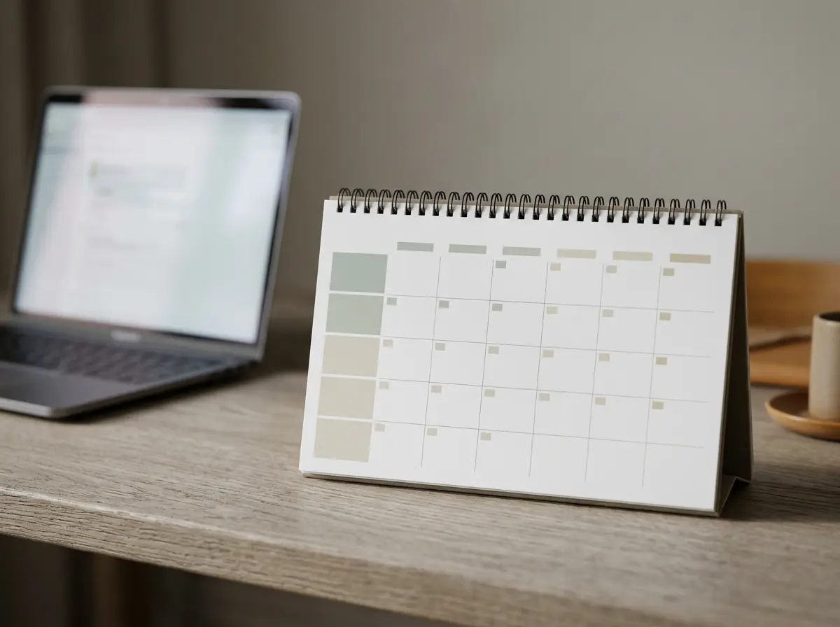 A color-coded two-week custody schedule grid on a laptop