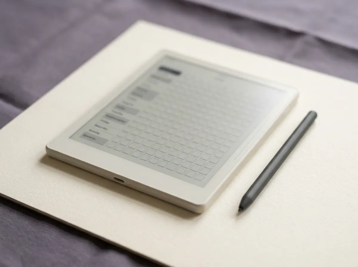 A digital habit tracker open to a monthly grid on an e-ink tablet