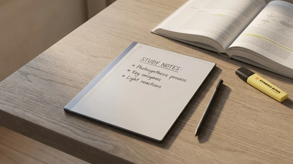 A reMarkable 2 used for student study notes beside a textbook