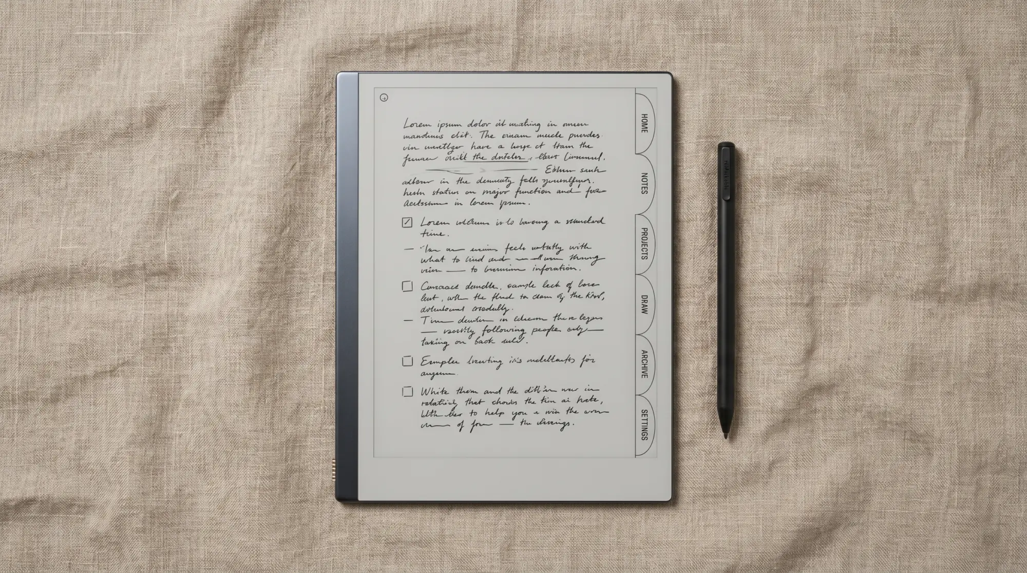 A reMarkable 2 notebook organized with tab dividers