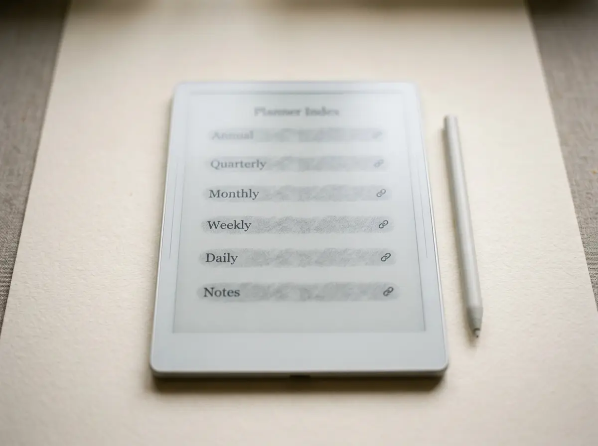 A digital planner open to its linked index page on an e-ink tablet