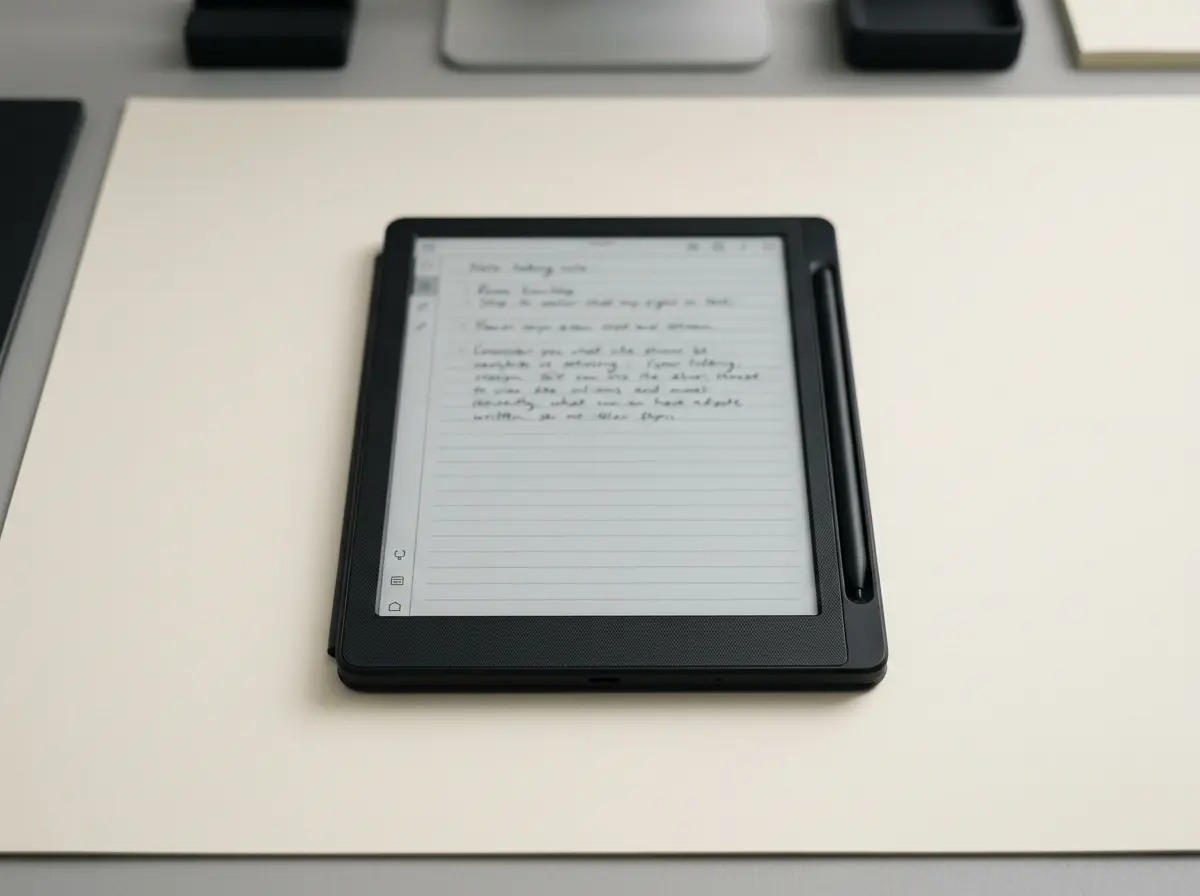 A digital student planner open to a Cornell-style note page on an e-ink tablet