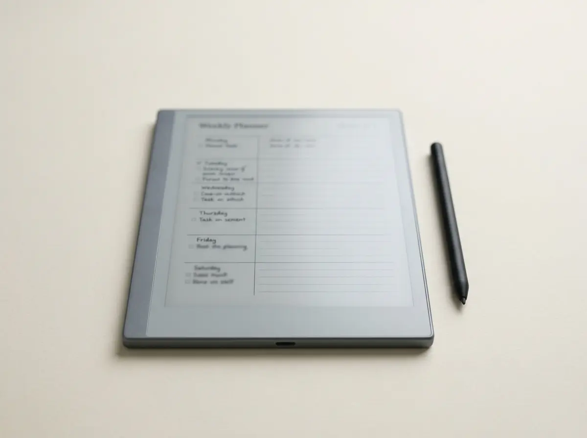 A digital work planner open to a weekly to-do page on an e-ink tablet