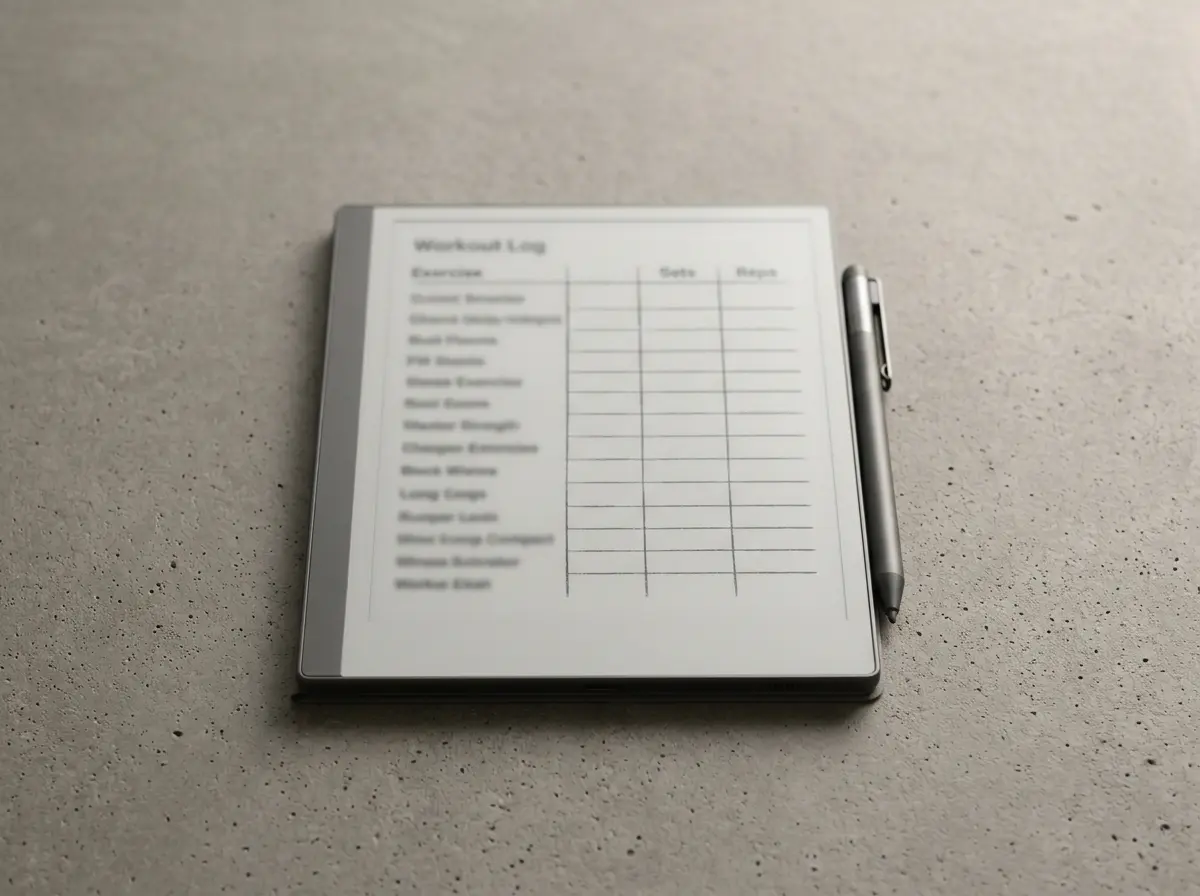 A digital workout planner open to a training log page on an e-ink tablet