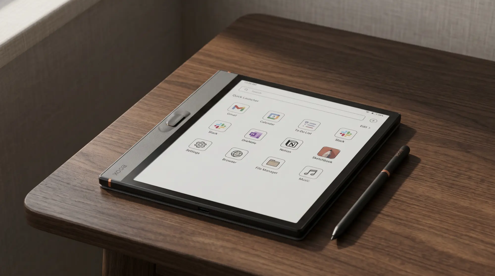 An Android e-ink tablet showing an app grid home screen