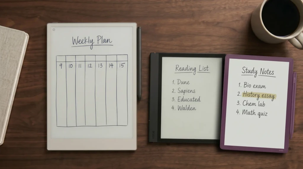 Three e-paper tablets compared: reMarkable Paper Pro, Boox Note Air 4C, Kindle Scribe Colorsoft