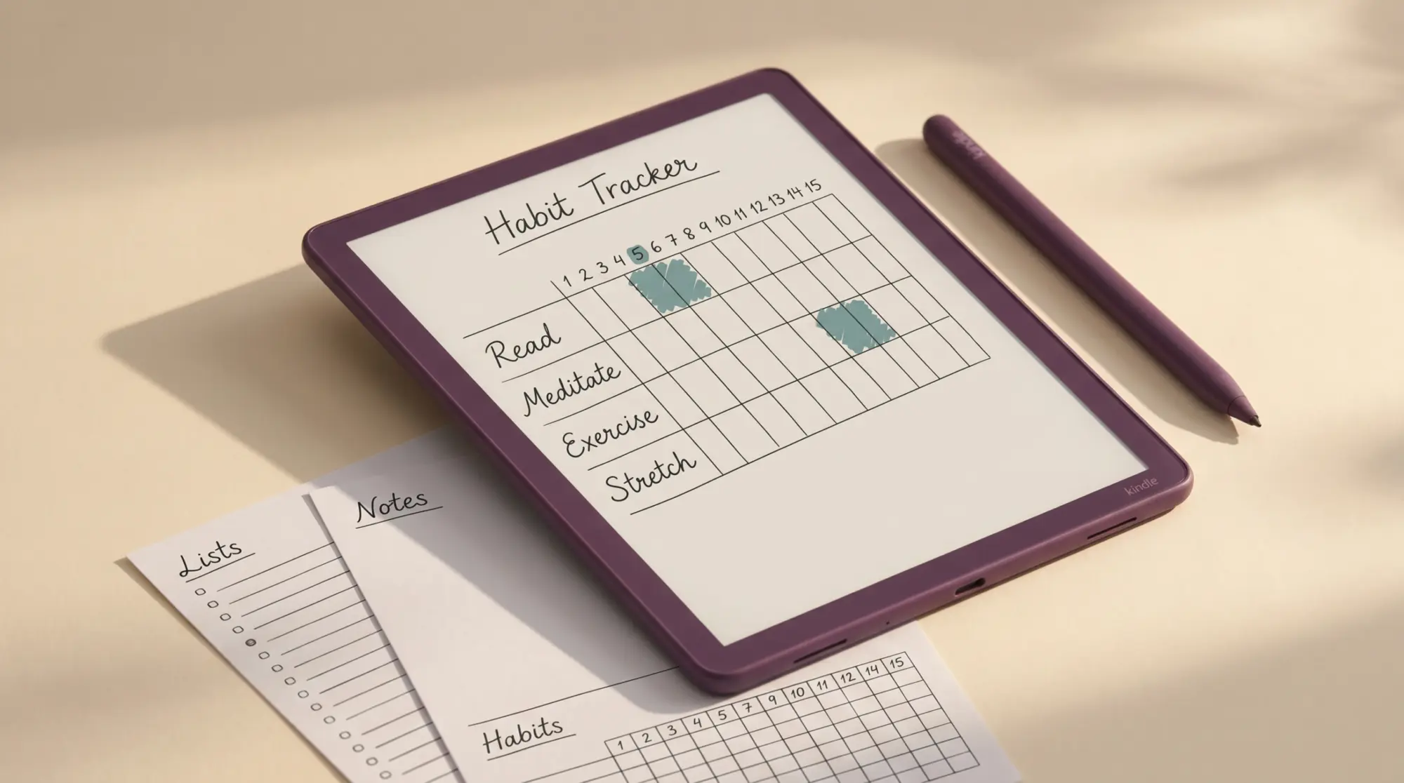Free Kindle Scribe Colorsoft template habit tracker on the device