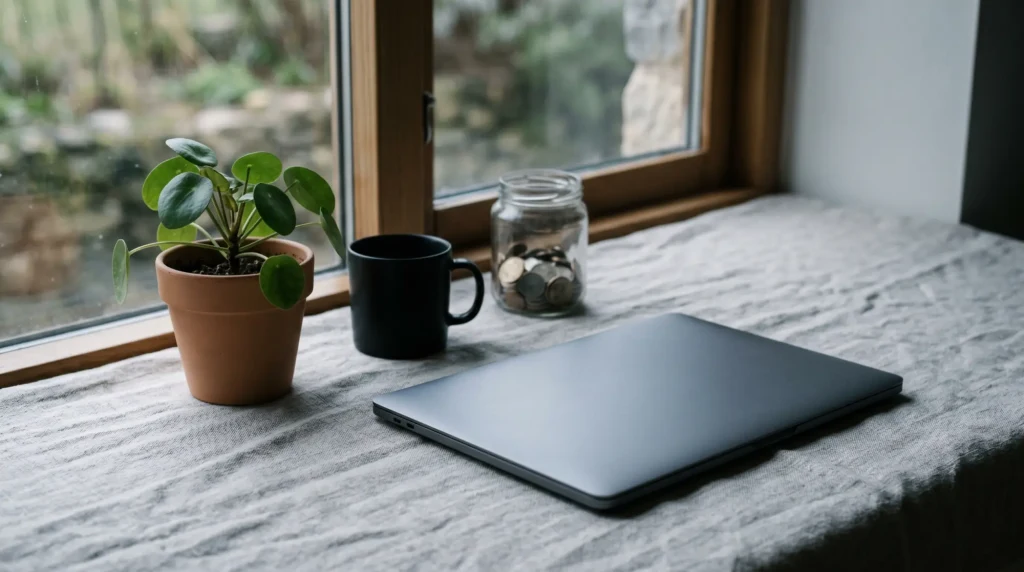 A host's windowsill with a laptop and a coin jar, suggesting Airbnb income