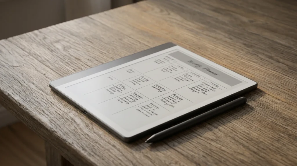 A Kindle Scribe showing a planner template page