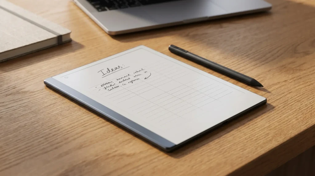 A reMarkable 2 on a desk showing a blank template grid, beside a laptop used for design