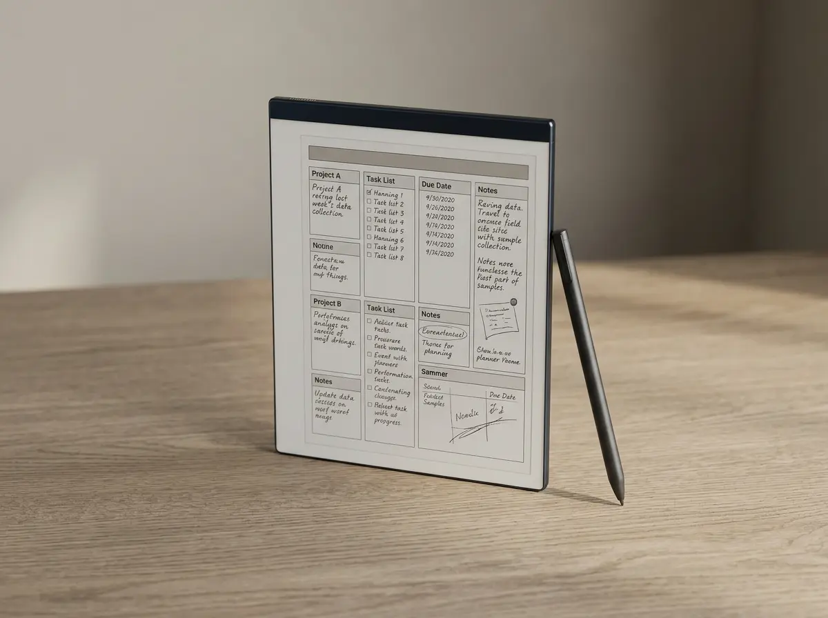 A reMarkable 2 displaying a single-page template layout with a header band and column grid