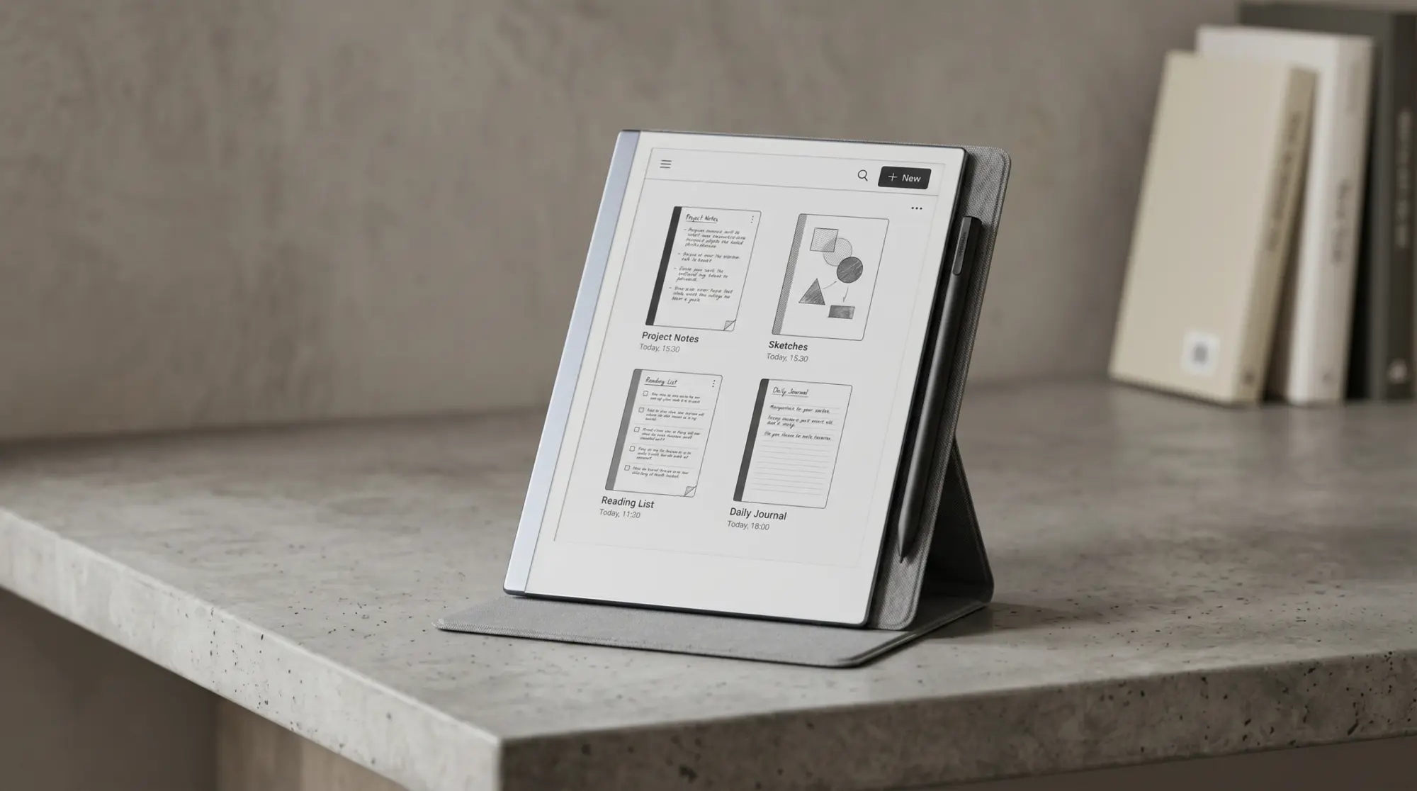 A reMarkable 2 set up on a desk showing its home screen