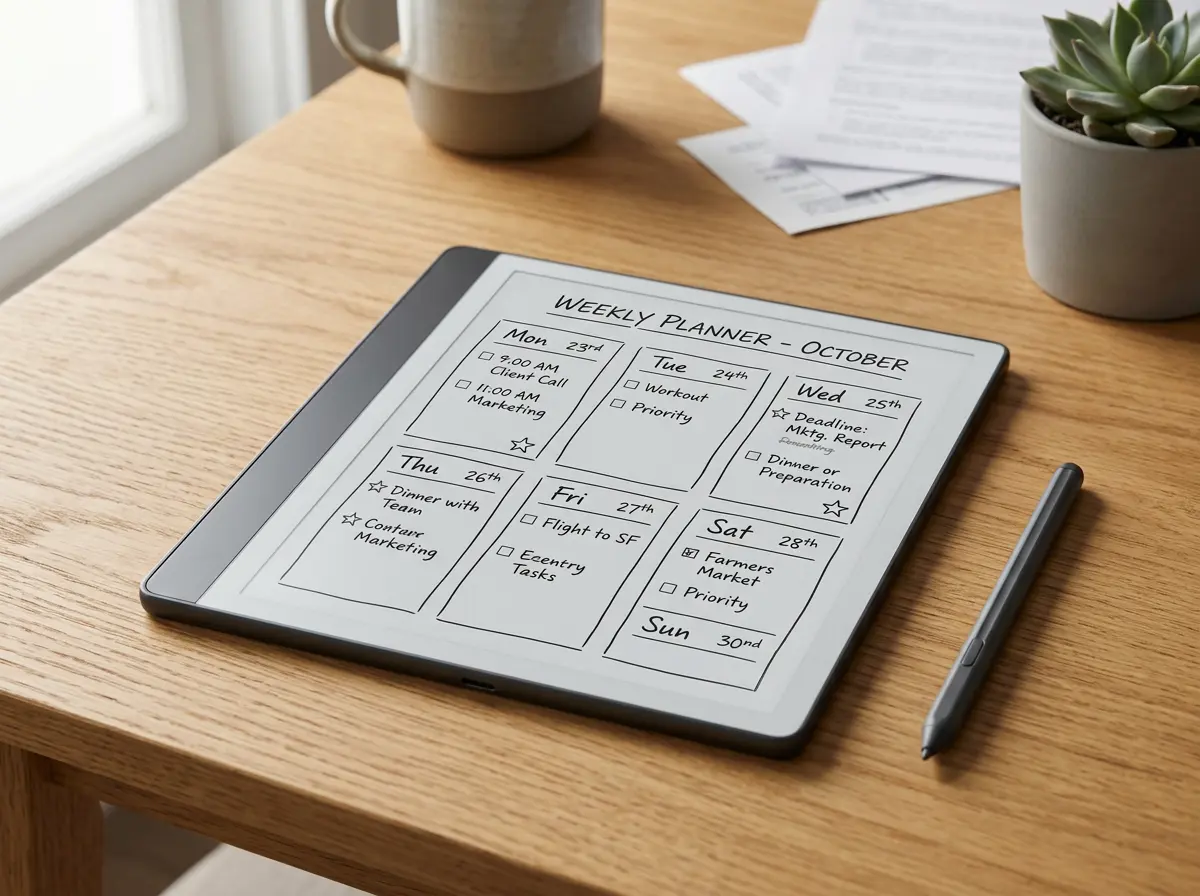 Kindle Scribe showing a weekly planner spread on a calm wood desk