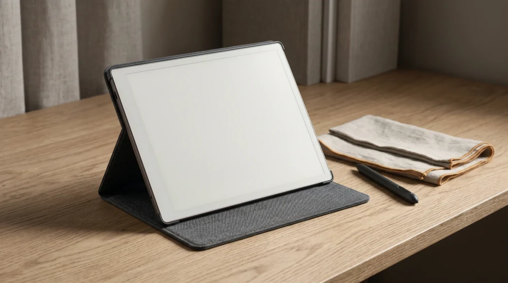 A Kindle Scribe propped in a folio cover on a desk with its pen beside it
