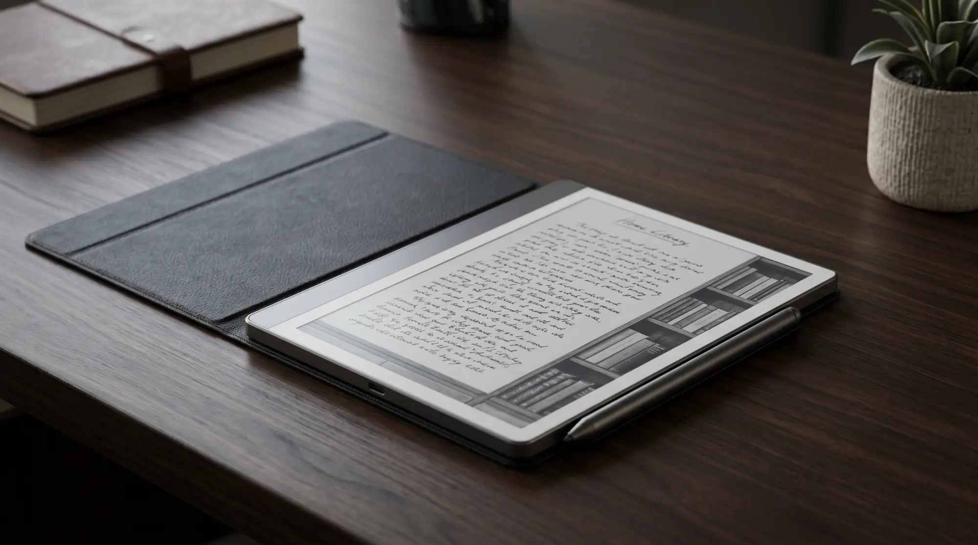 A Kindle Scribe in an open folio case