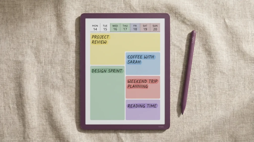 A Kindle Scribe Colorsoft showing a color-coded planner