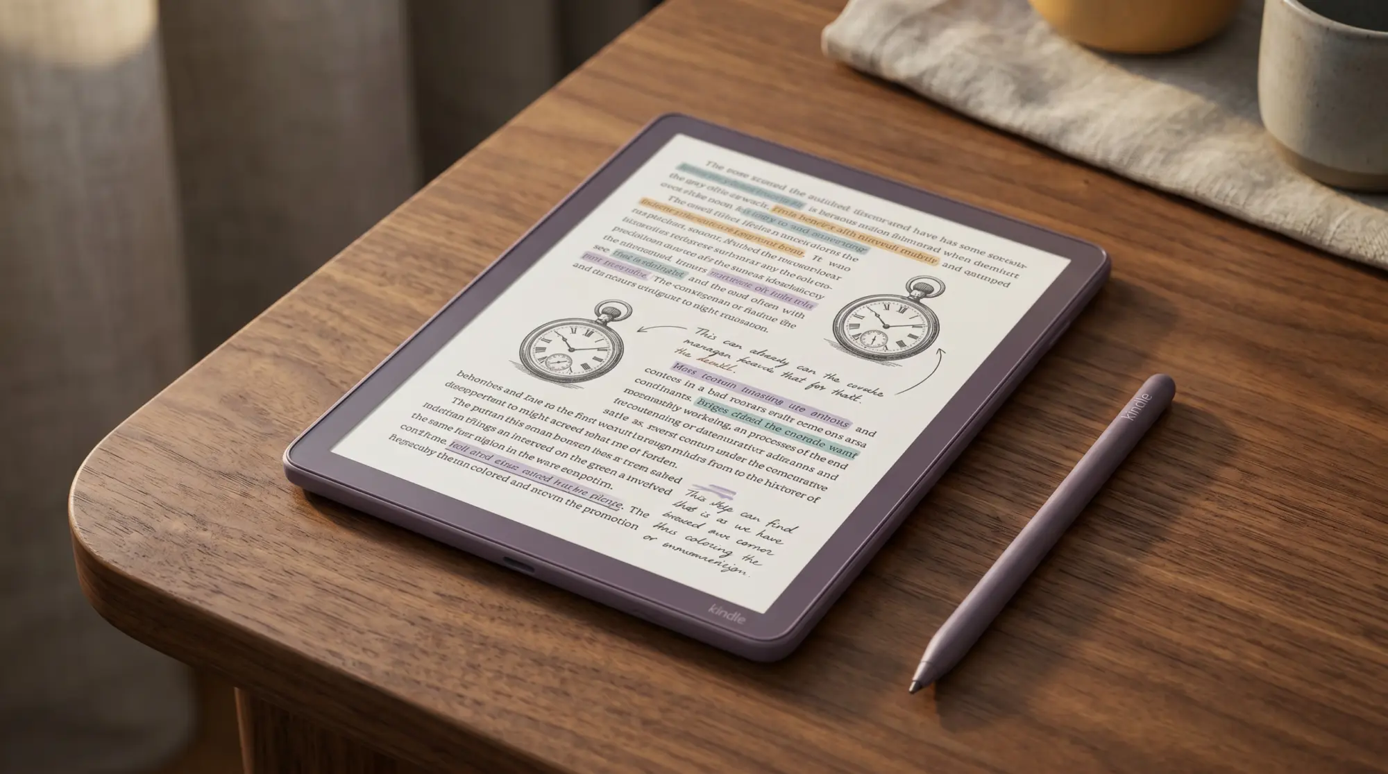 A Kindle Scribe Colorsoft showing color highlights on a book page