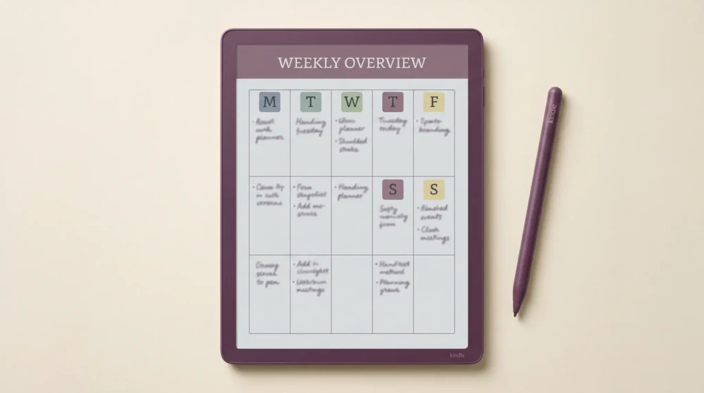A Kindle Scribe Colorsoft showing a color planner template