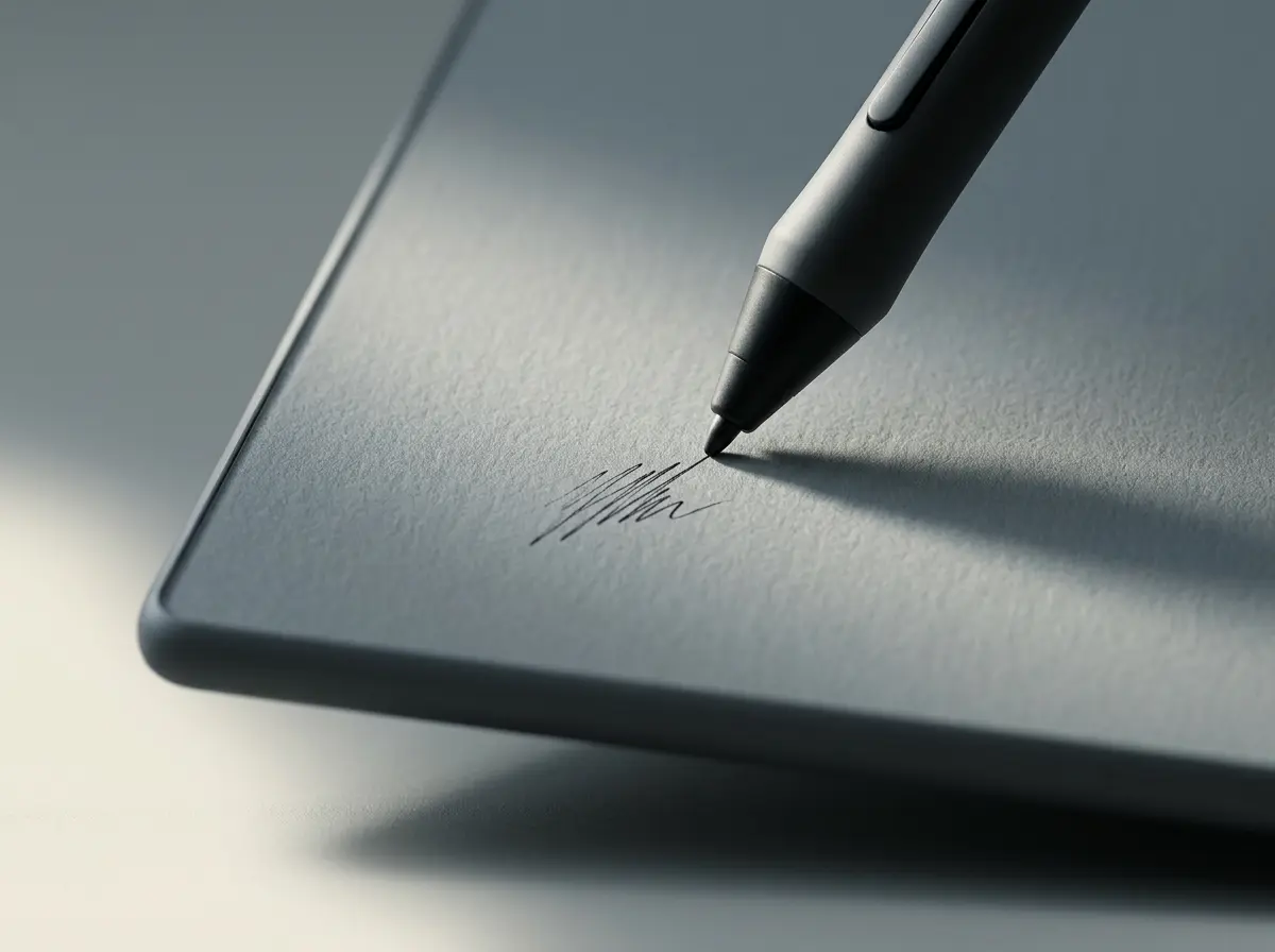 Pen nib on a matte e-ink screen, illustrating writing feel and latency
