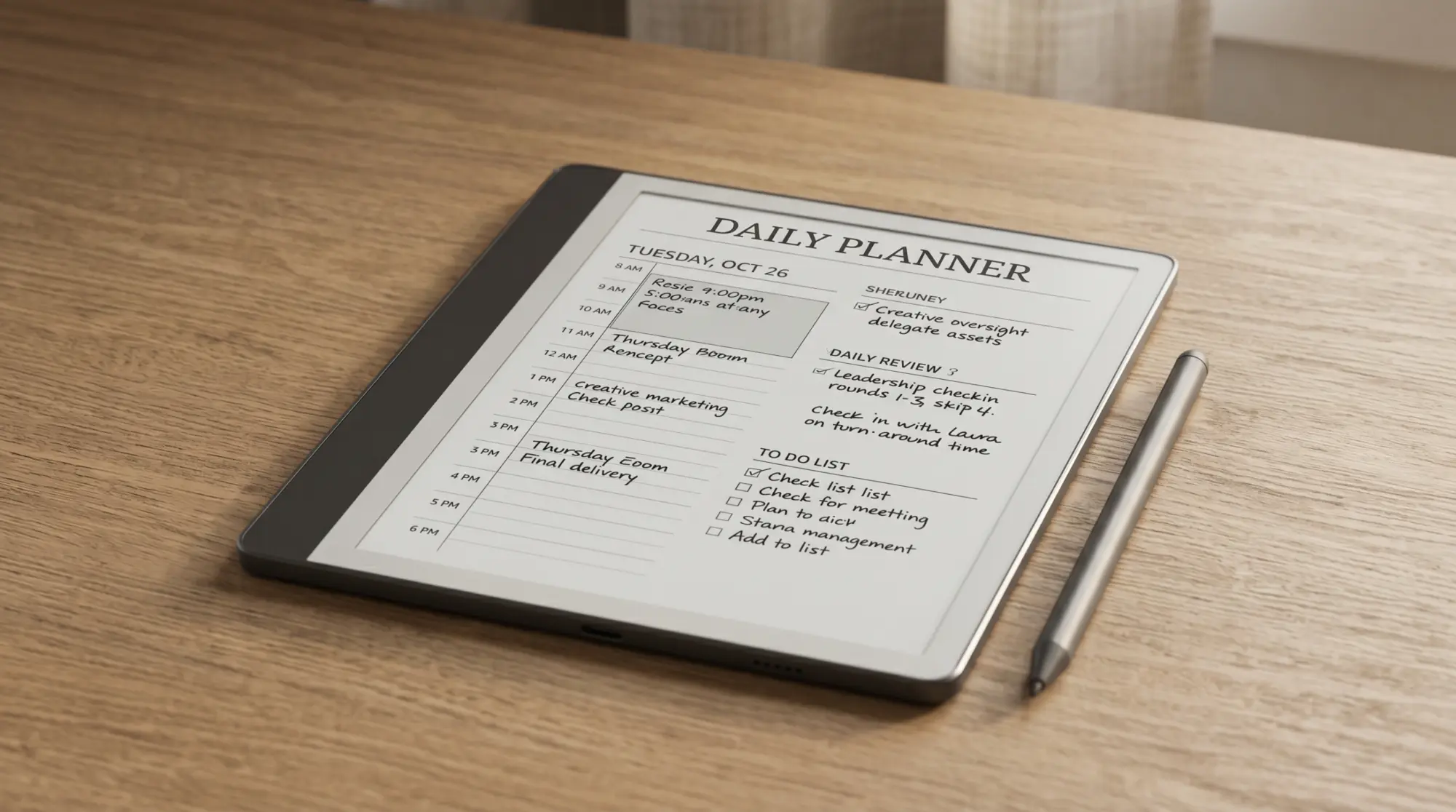 A Kindle Scribe showing a daily planner layout