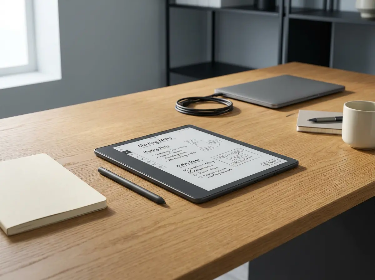 Kindle Scribe on a desk with handwritten notes ready to export to OneNote