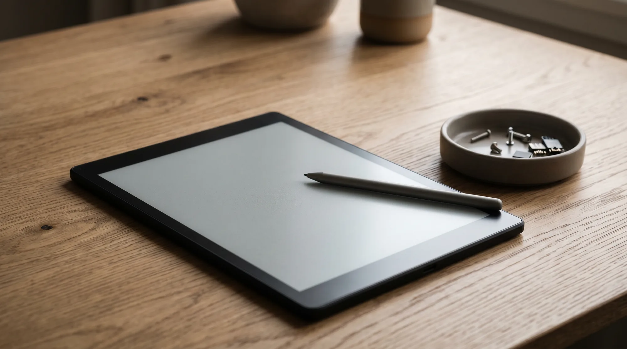A Kindle Scribe with its pen resting across a blank screen on a desk