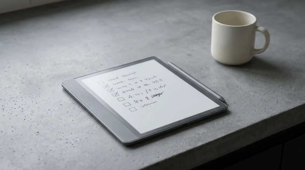 Kindle Scribe on a counter with a handwritten Prime Day list on screen