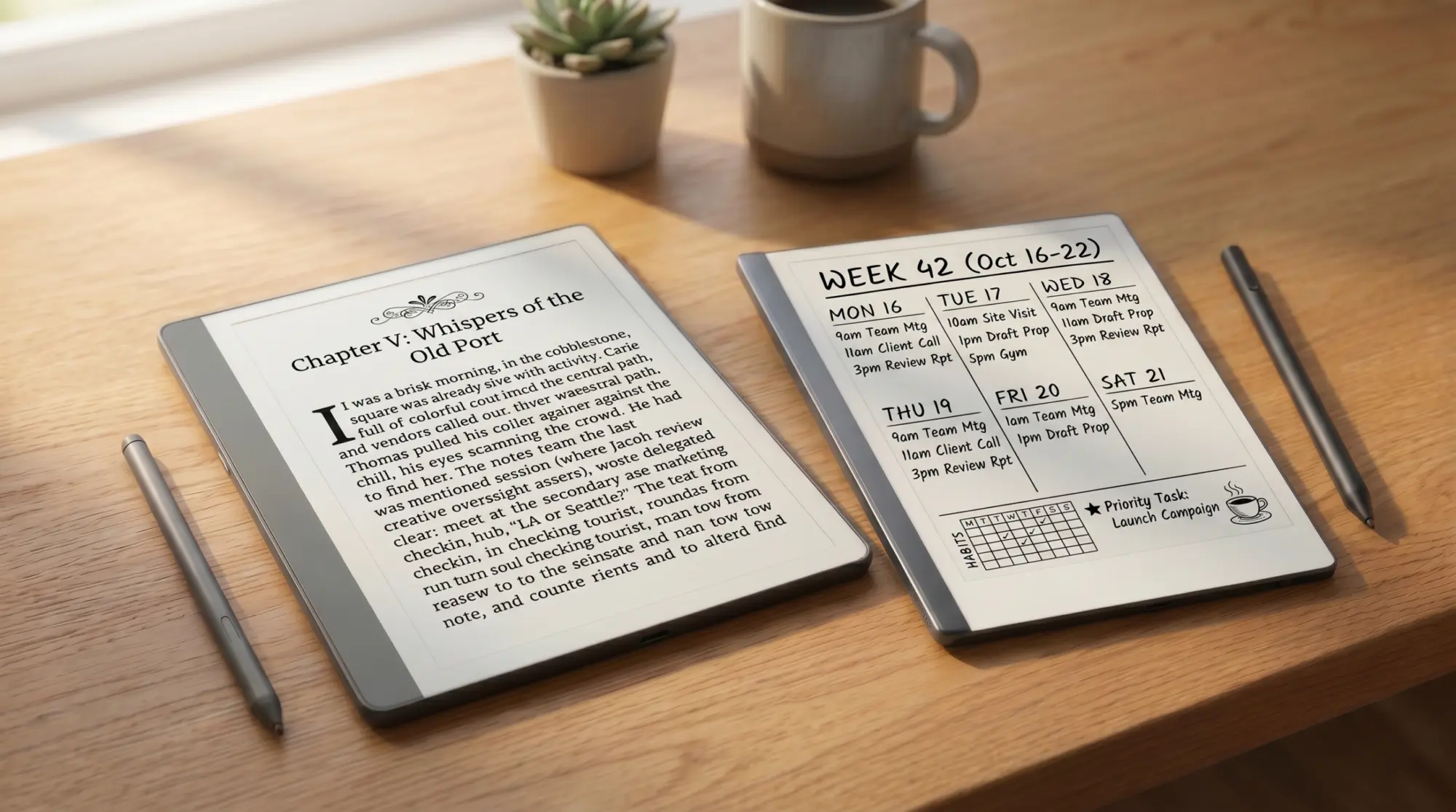 Kindle Scribe vs reMarkable 2: both e-ink tablets side by side on a desk