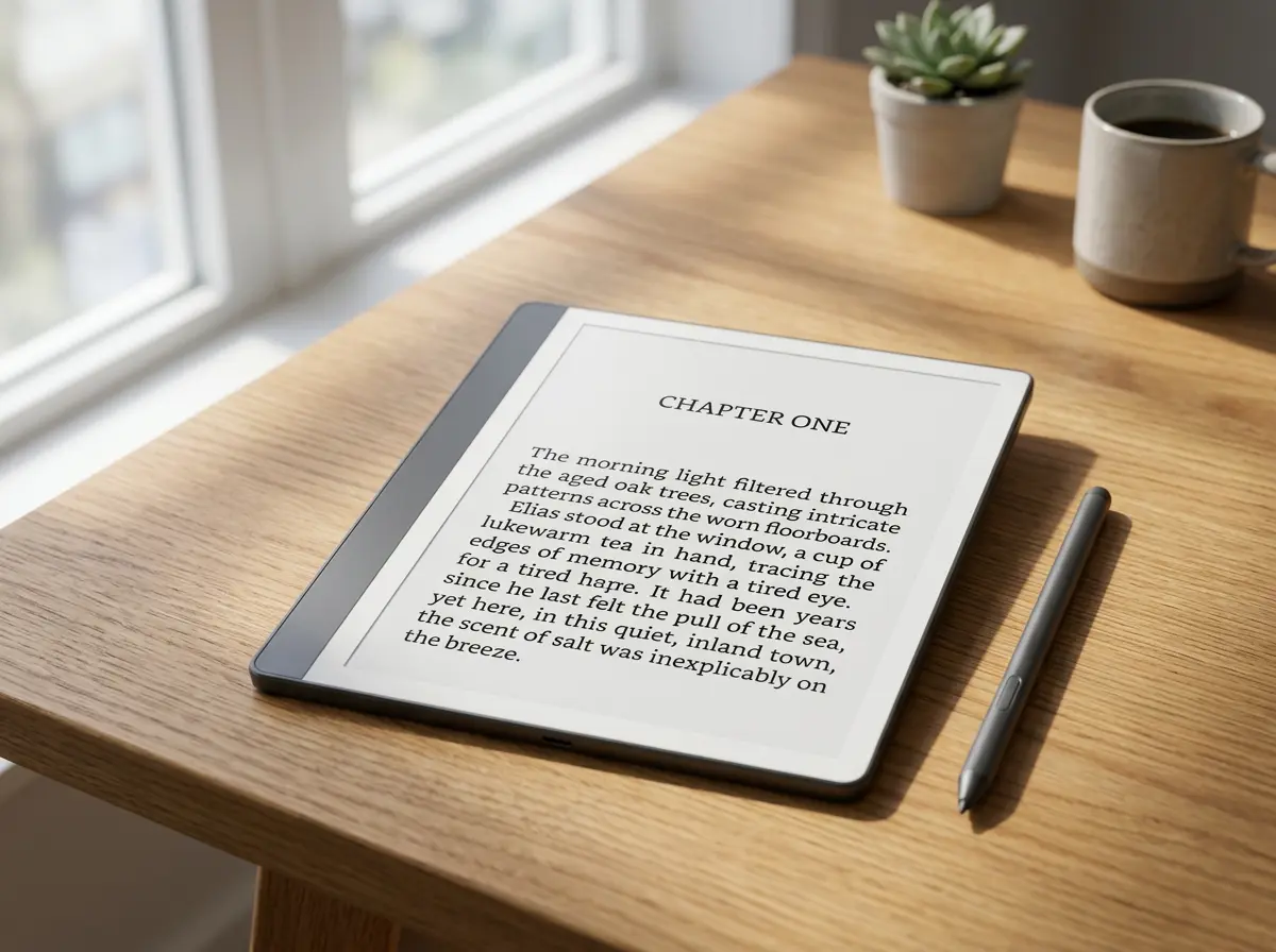 Kindle Scribe showing a novel page on its e-ink screen