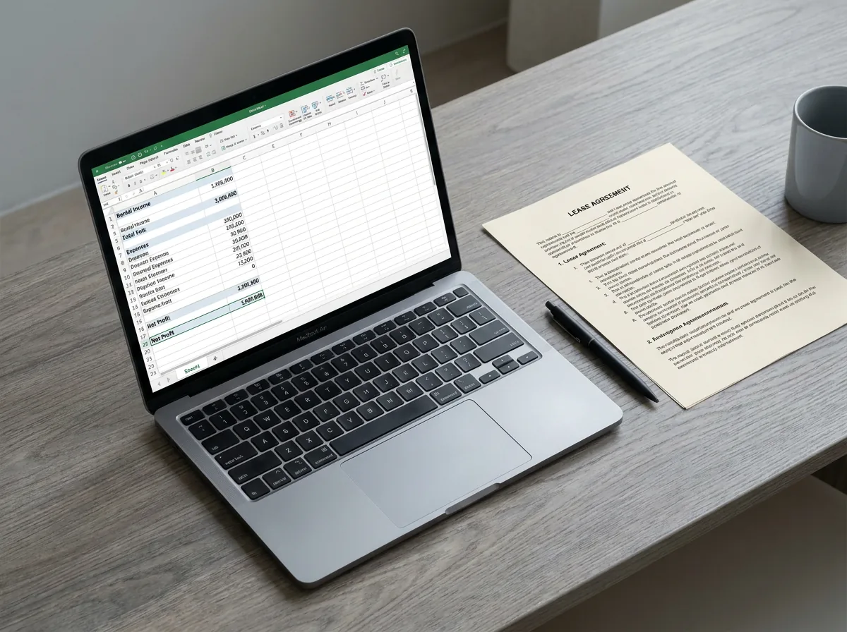 A laptop showing a rental income spreadsheet beside a printed lease on a desk