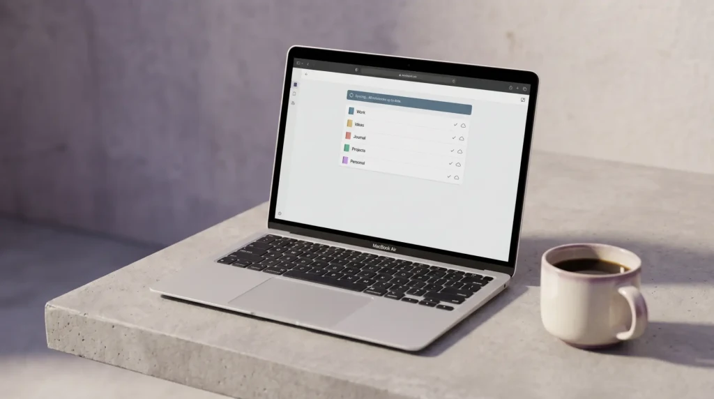 A laptop showing OneNote notebooks fully synced