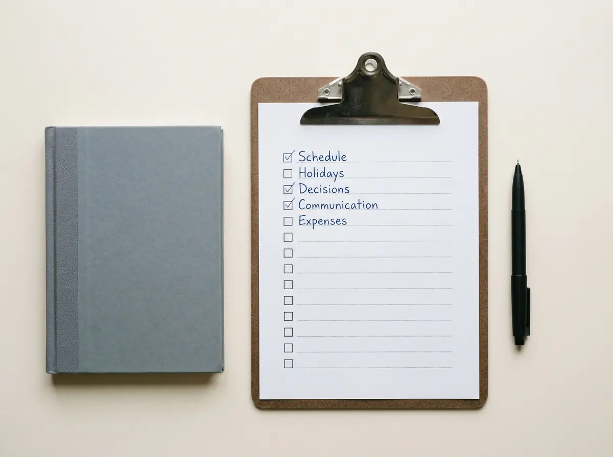 A printed parenting plan checklist on a clipboard beside a pen and notebook