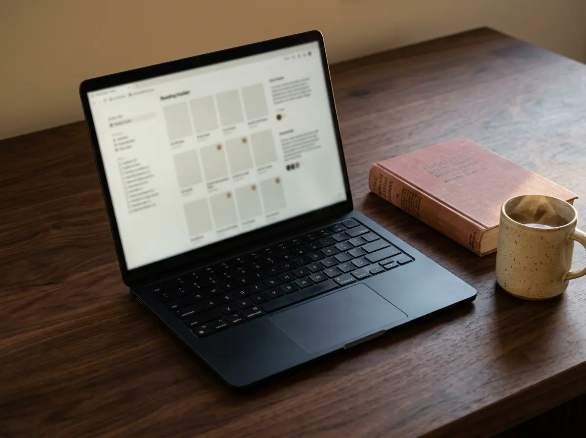 A digital reading tracker on a laptop beside a handwritten journal