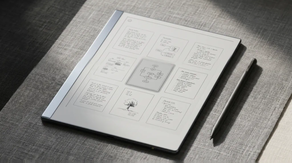 A reMarkable 2 showing a page thumbnail grid for moving pages