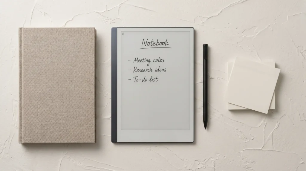 reMarkable notebook page flanked by a bound notebook and loose quick sheets