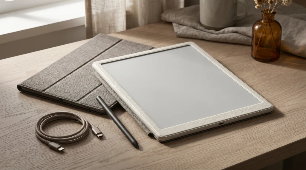 A reMarkable Paper Pro on a desk beside a folio, stylus, and cable