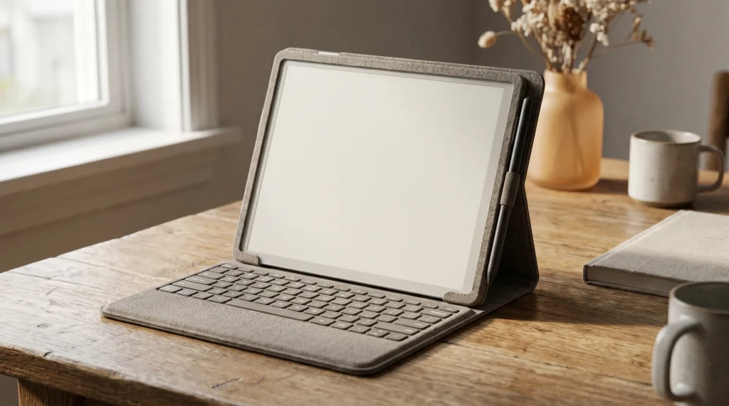 A reMarkable Paper Pro propped in a Type Folio keyboard on a desk