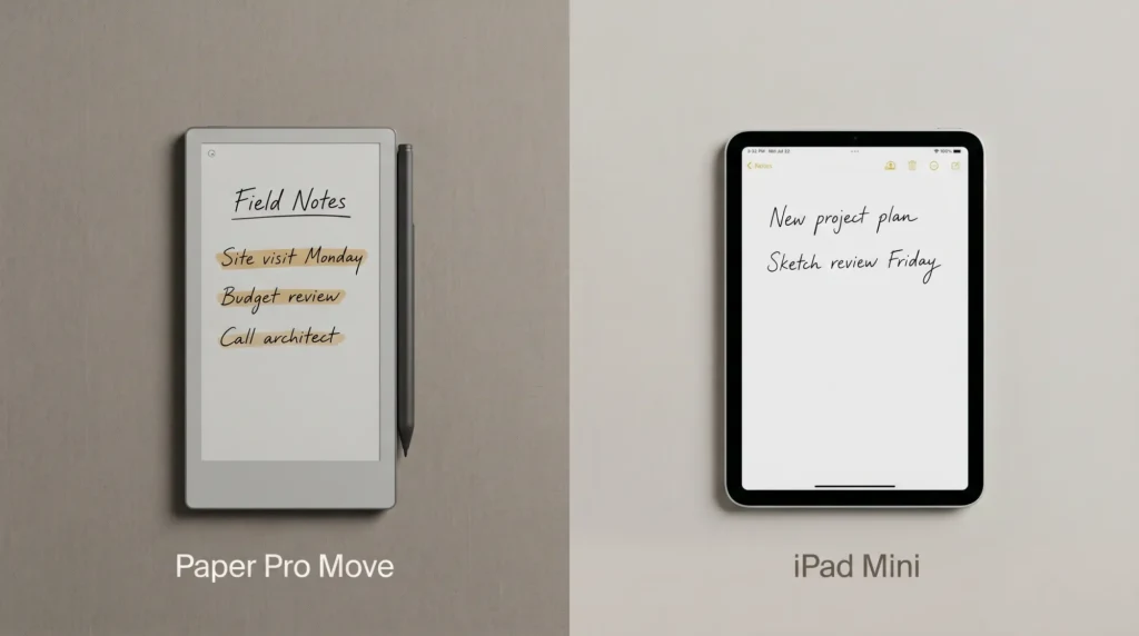 reMarkable Paper Pro Move next to an iPad Mini, matte vs glossy
