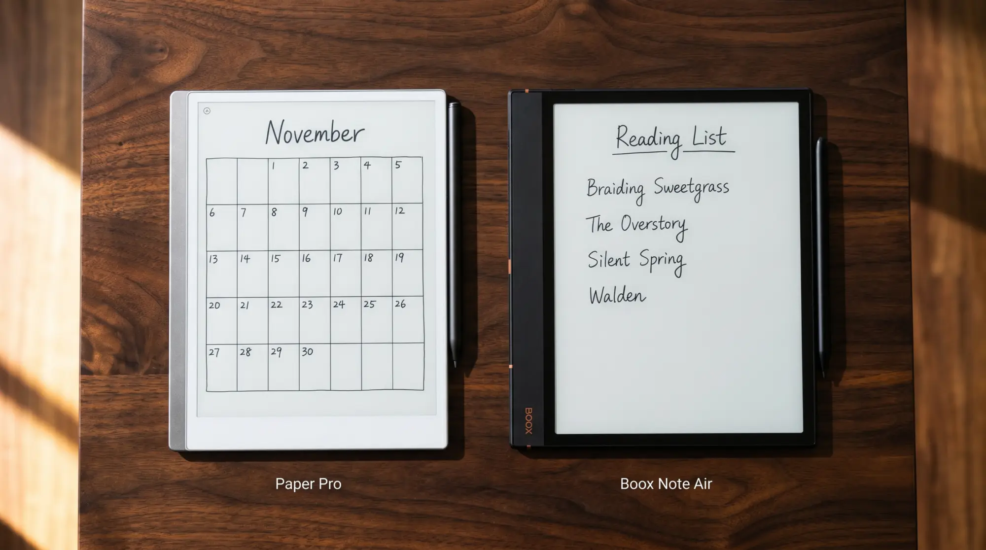 reMarkable Paper Pro vs Boox Note Air 4C flat on a desk