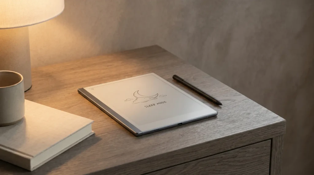 A reMarkable 2 showing a custom sleep screensaver