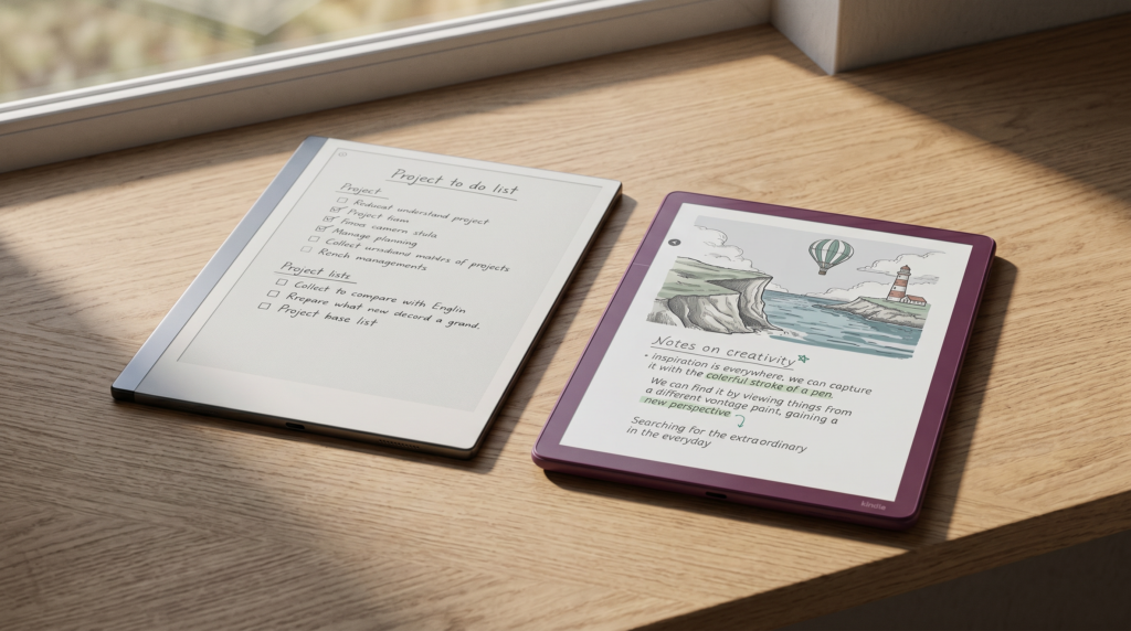 remarkable alternatives: reMarkable 2 beside the Kindle Scribe Colorsoft on an oak desk