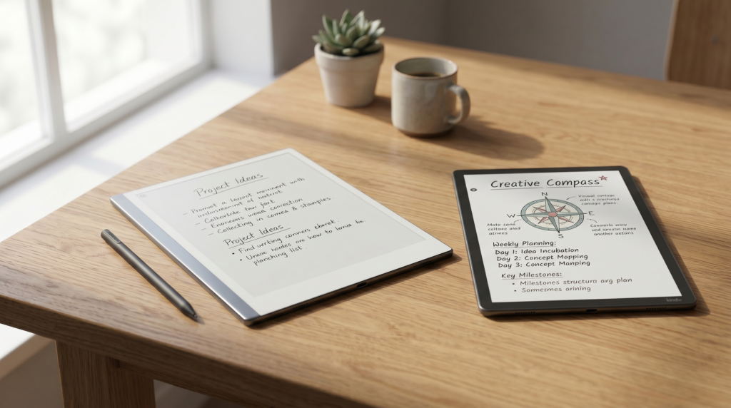 remarkable alternatives: reMarkable 2 beside the Kindle Scribe Colorsoft on an oak desk