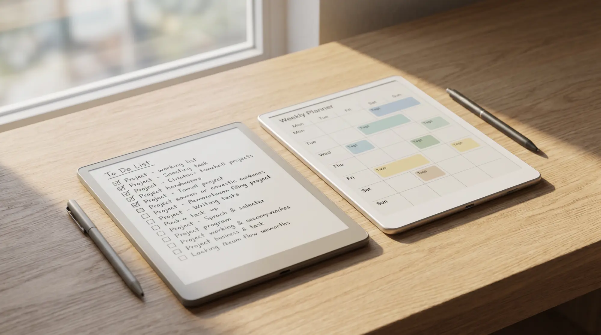 remarkable alternatives: reMarkable 2 beside the Kindle Scribe Colorsoft on an oak desk