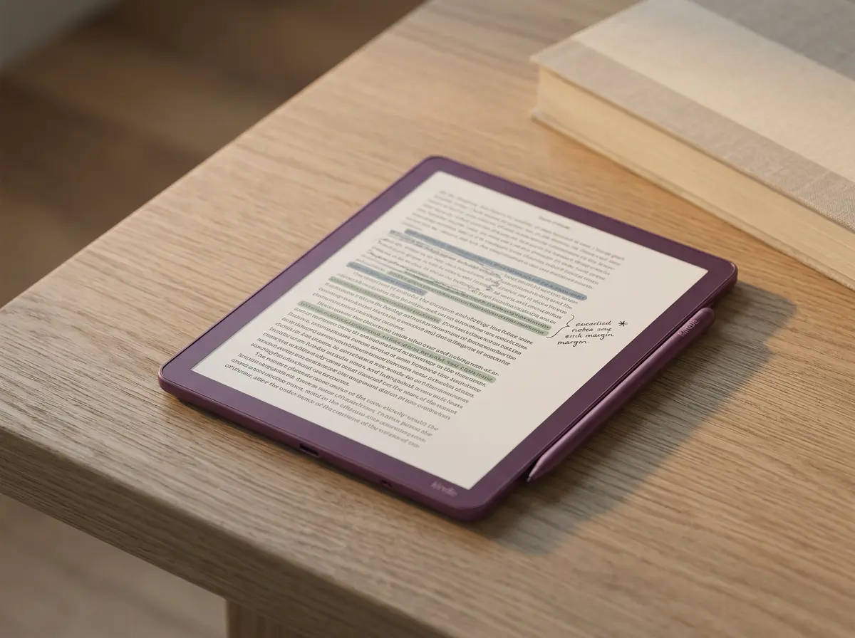 Kindle Scribe Colorsoft showing a book page with color highlights and a handwritten margin note