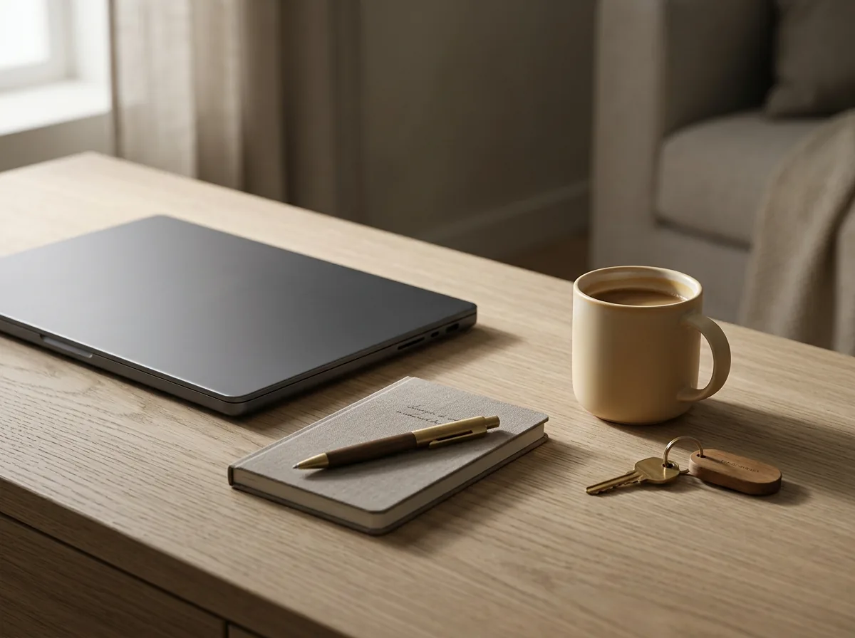 A host's desk with a laptop, notebook, coffee, and a house key, set up to compare listing platforms